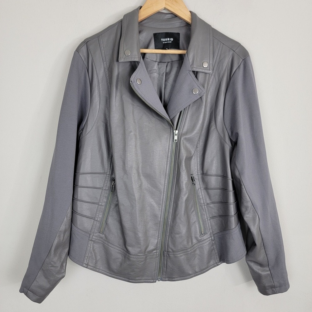Torrid Fab Mixed Faux Leather Knit Moto Jacket Womens 3X Gray Biker Lined READ!